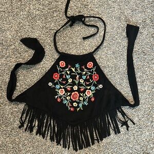 Forever 21 Black Suede Embroidered Floral Fringe Halter Top